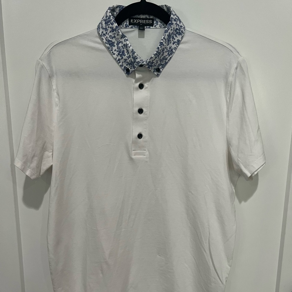 Express Polo - White with blue floral collar